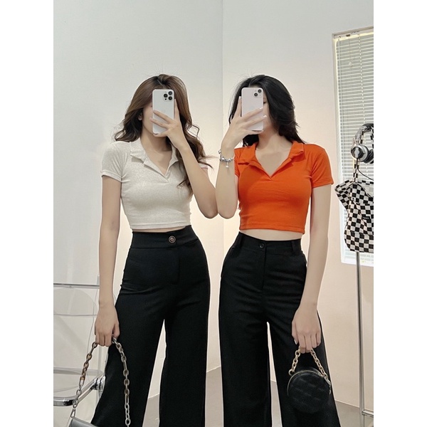 Áo Croptop POLO Áo Thun Crop Có Cổ Vintage Gân Xịn Xò