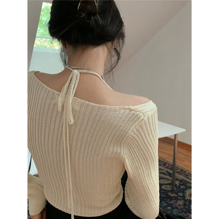 Áo dệt kim dài tay màu trơn thiết kế quyến rũ gợi cảm thời trang dành cho nữ