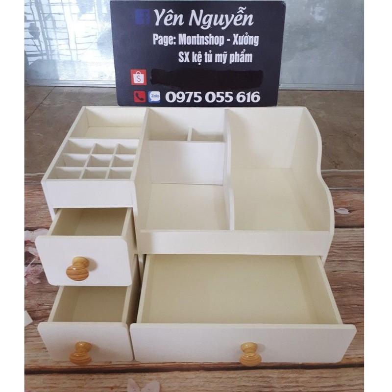 Kệ đựng mỹ phẩm max 35cm màu trắng núm gỗ sáng 9 ô son trên