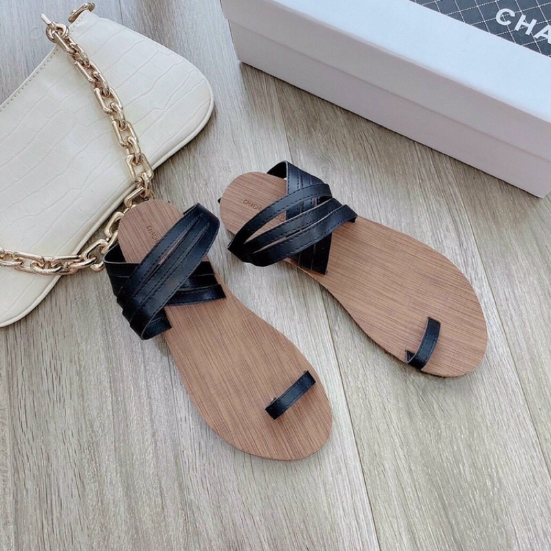 [Deal giá gốc] Dép sandal xỏ ngón da lì đắp chéo đế bệt vân gỗ siêu hot