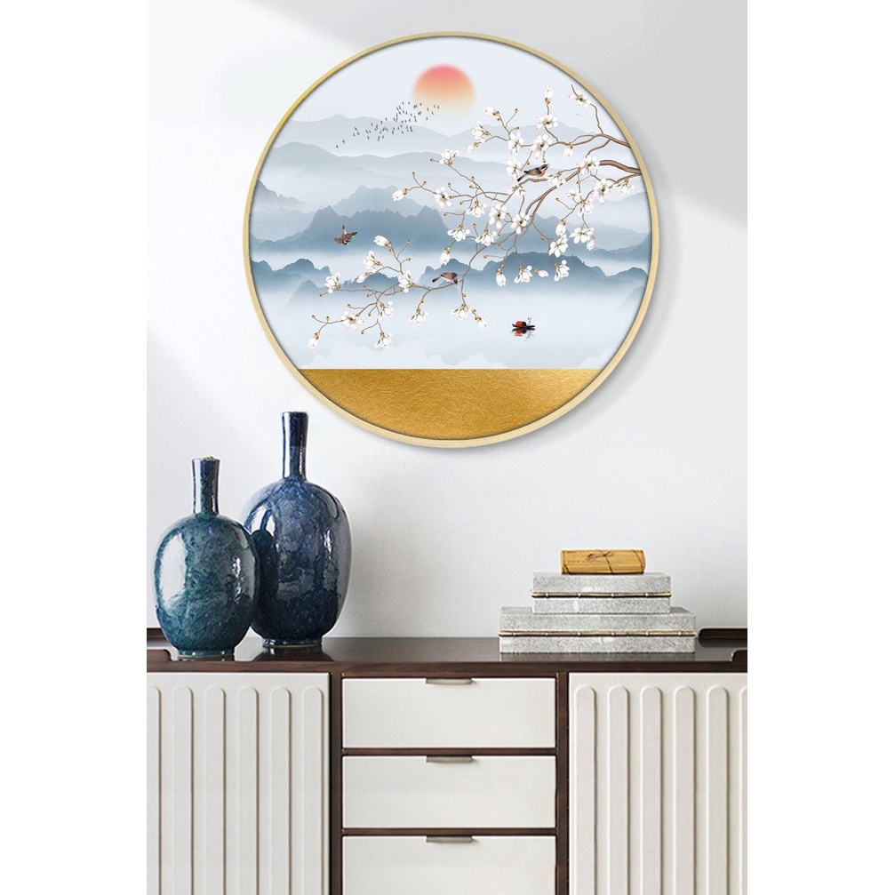 Tranh Tròn Phong Cảnh Mây Núi Siêu Sang Trọng, Tranh Tròn Tráng Gương Cao Cấp Treo Trang Trí Decor Nội Thất Nhà Ở