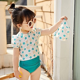 Bộ bơi bé gái nhỏ 2 mảnh xinh xắn kèm mũ, mẫu cộc tay quần cạp cao dễ mặc