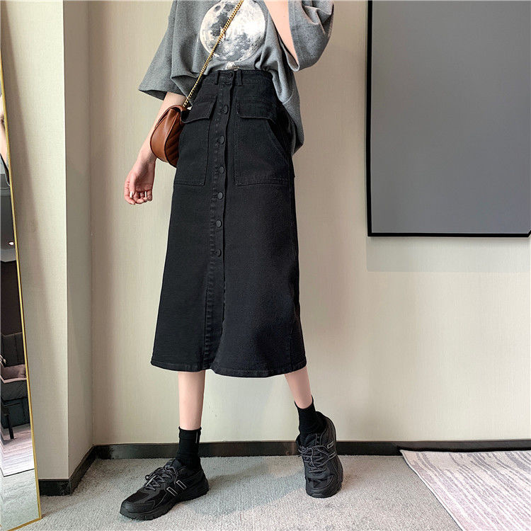 Chân váy jean Dài Dáng Chữ a Lưng Cao Cài Nút Đơn Hàng Nút Phong Cách vintage Thời Trang Xuân Hè Mới