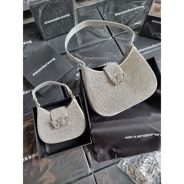 túi kẹp nách #wang. W đi tiệc full đá sáng bling dáng bầu có hộp