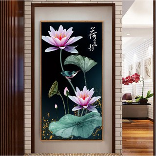 Tranh thêu chữ thập chỉ lụa hoa sen 2772