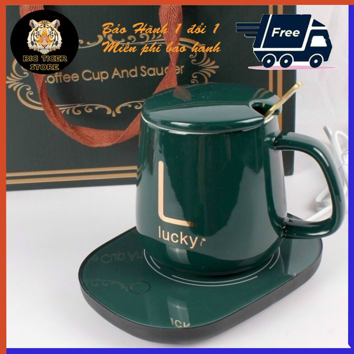 Bộ Cốc Ly Sứ Hâm Nóng Lucky Thông Minh Cao Cấp, Kèm Đế Điện Hâm Cafe, Sữa, Trà Tặng Kèm Thìa Mạ Vàng Tiện Lợi