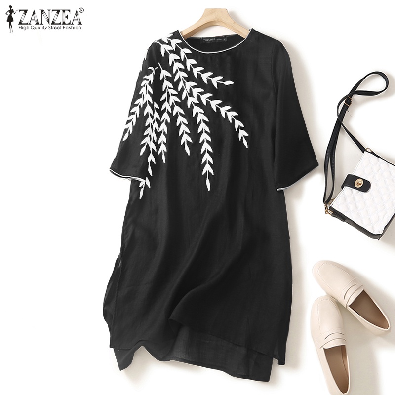Zanzea Đầm Nữ Ngắn Tay Cổ Tròn Xẻ Tà Thời Trang Hàn