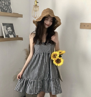 「HOME5」Váy hình chữ A họa tiết Caro Phong cách Hàn Quốc