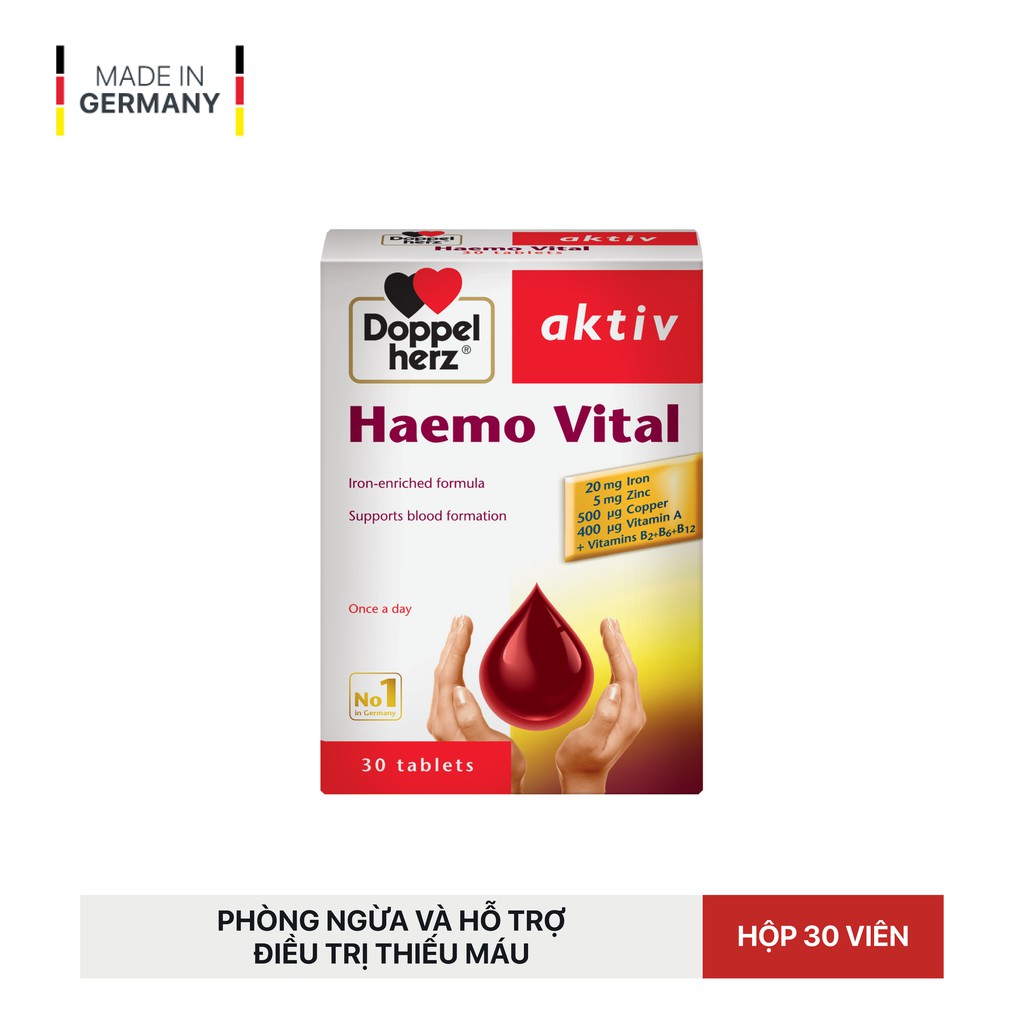 [TPCN Khập Khẩu] Viên uống bổ sung sắt và vitamin, ngừa thiếu máu DoppelHerz Aktiv Haemo Vital (Hộp 30 viên)
