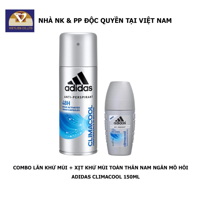 COMBO Lăn Khử Mùi Nam Ngăn Mồ Hôi Adidas Climacool 40ml + Xịt Khử Mùi Toàn Thân Nam Ngăn Mồ Hôi Adidas Climacool 150ml