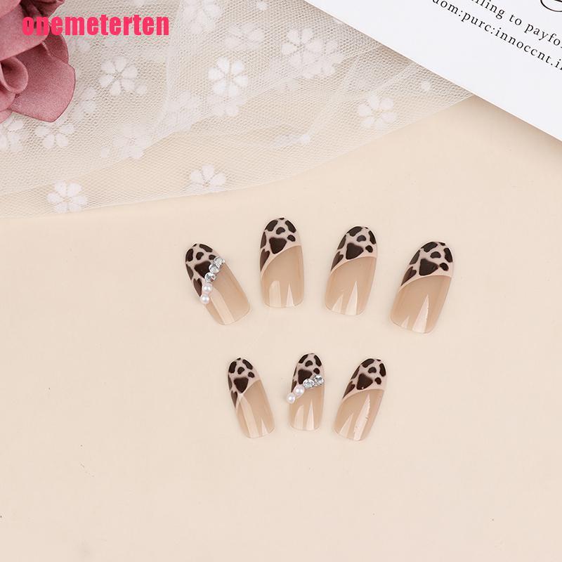 【TEN】24X Leopard Pearl French Nails Art Tips Fake Nail Press On Full Cover Arti