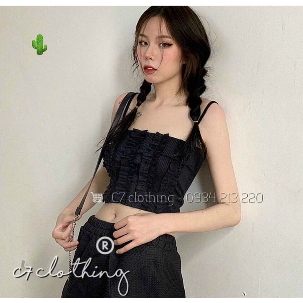 Áo thun 2 dây gân bèo viền xinh dáng croptop