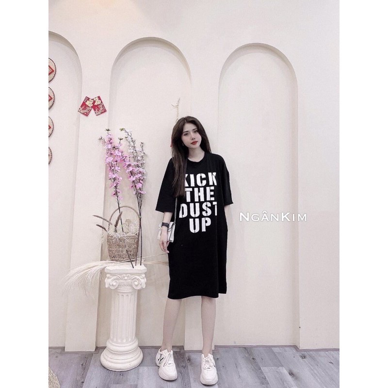 Váy suông cotton dáng dài cổ tròn from rộng in chữ kick up - Đầm xuông ngủ thun freesize nhiều màu