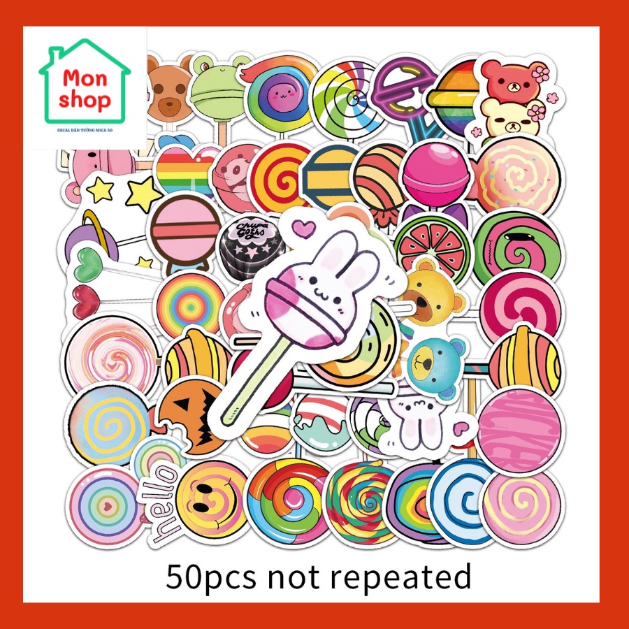 Set 50 Sticker Decal Nhám Chống Nước Dễ Thương Dán Nón BH, laptop, vali, xe, tập vở