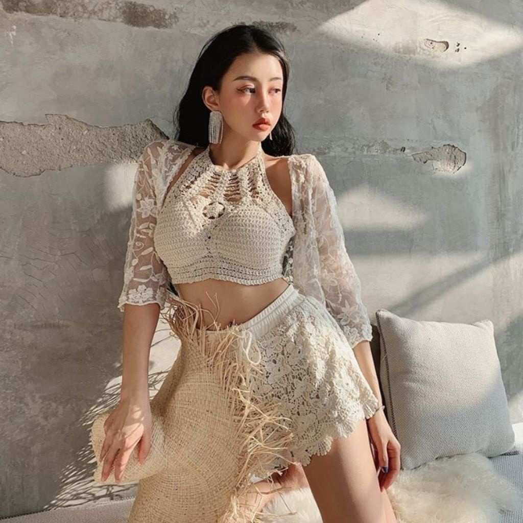 Bikini đồ bơi nữ 2 mảnh kèm áo choàng len móc kín đáo cao cấp đi biển LYAN BIKINI B24