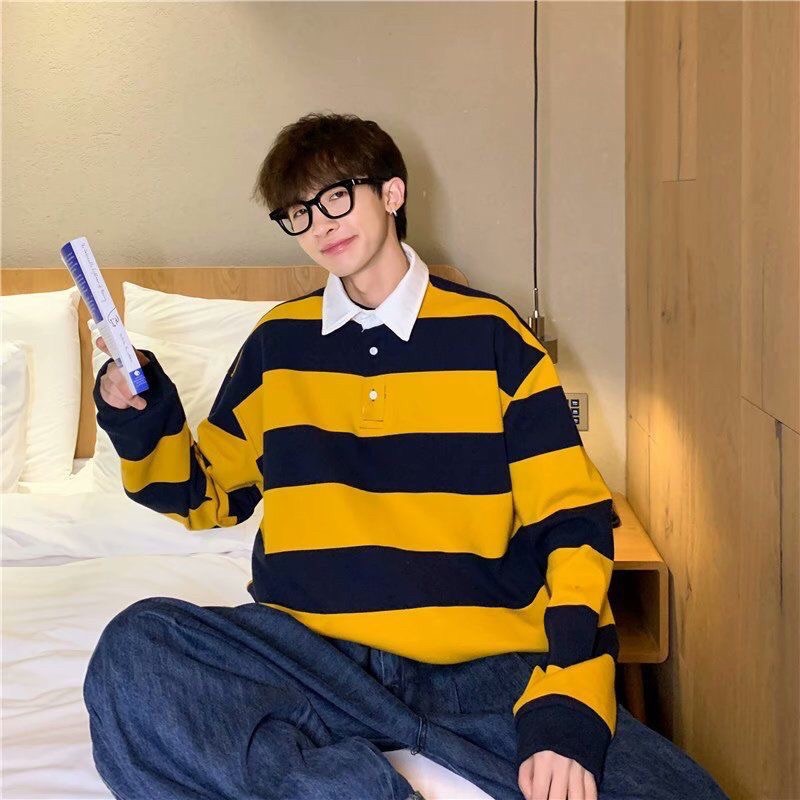 Áo sweater cổ polo kẻ