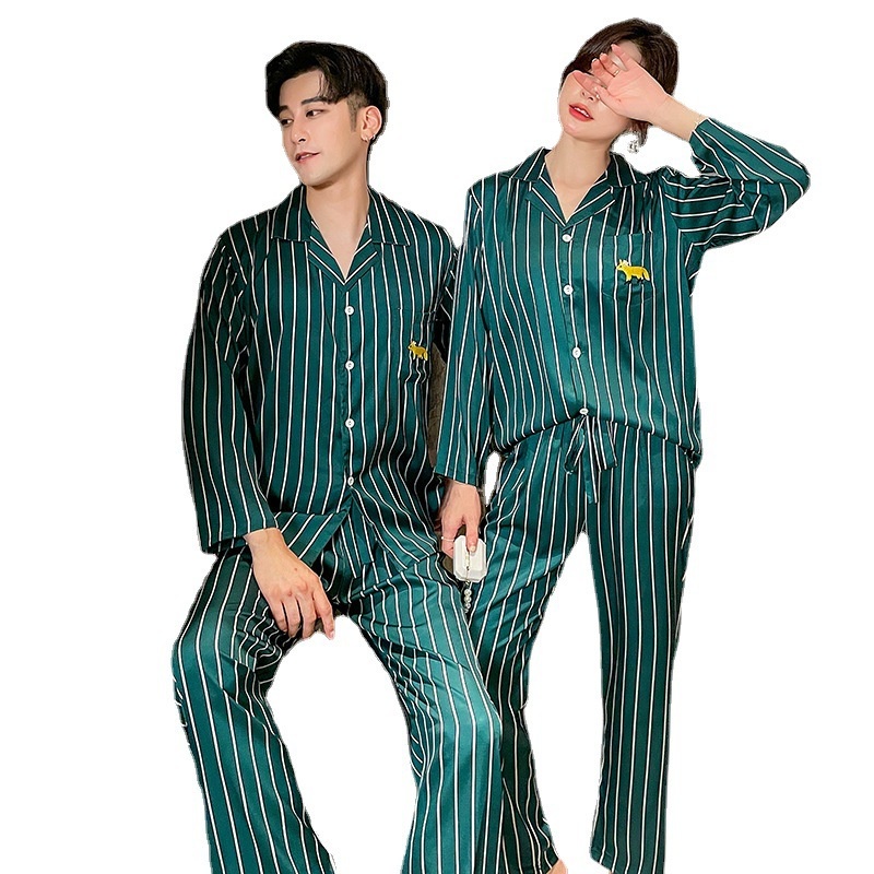 Bộ đồ ngủ dài tay giả lụa lạnh họa tiết kẻ sọc thiết kế độc đáo thời trang xuân thu cho cặp đôi