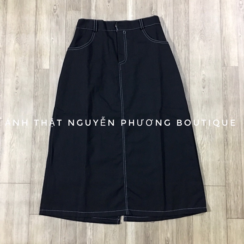 Chân váy bò jean chỉ nổi dáng dài xẻ sau tôn dáng phong cách công sở thanh lịch