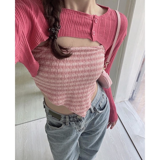 [Ảnh thật/Video]SET ÁO Mongtogi MIX CROPTOP QH siêu đẹp Set áo hai dây kèm cadigan Hàn Quốc