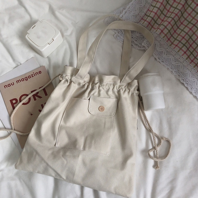 Túi Tote Đeo Vai Bằng Vải Bạt Sọc Caro Sức Chứa Lớn Có Dây Rút