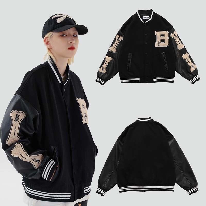 Áo khoác bomber varsity jacket nam nữ thêu chữ B tay da hình cục xương mới