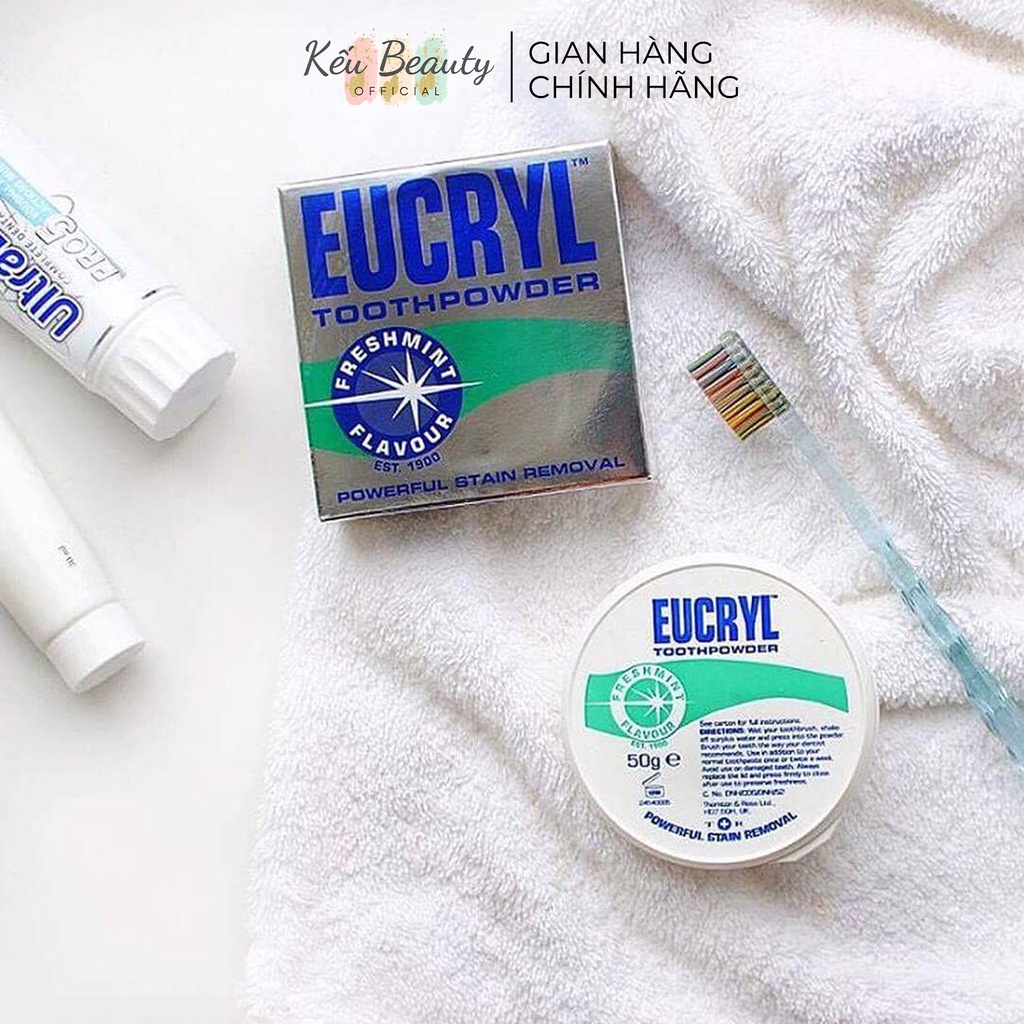 Combo Bột Tẩy Trắng Răng EUCRYL 50g + Kem Đánh Răng Làm Trắng Răng Hương Bạc Hà EUCRYL Tooth Paste Freshmint 62g