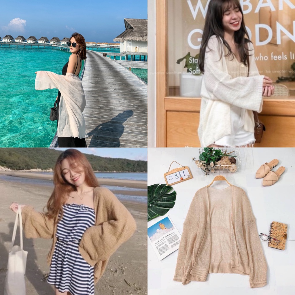 Áo khoác Cardigan len mỏng nữ, Áo gió đi biển mỏng nhẹ mặc với đầm maxi Cao Cấp phong cách Ulzzang - MiNhi