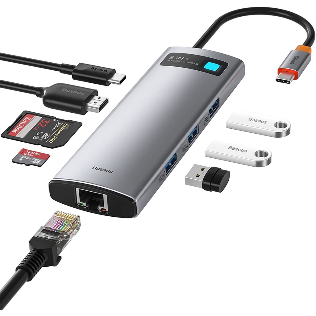 Bộ Chuyển Đổi Đa Năng Baseus 8 in 1 HUB HDMI 4K , USB 3.0 ,PD 100W , SD 2.0 , LAN Cho laptop ,Macbook , Samsung , Tivi . | BigBuy360 - bigbuy360.vn