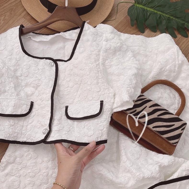 TTO Set váy nữ áo croptop trắng viền né đen phối chân váy xòe tiểu thư dự tiệc đám cưới nina lê