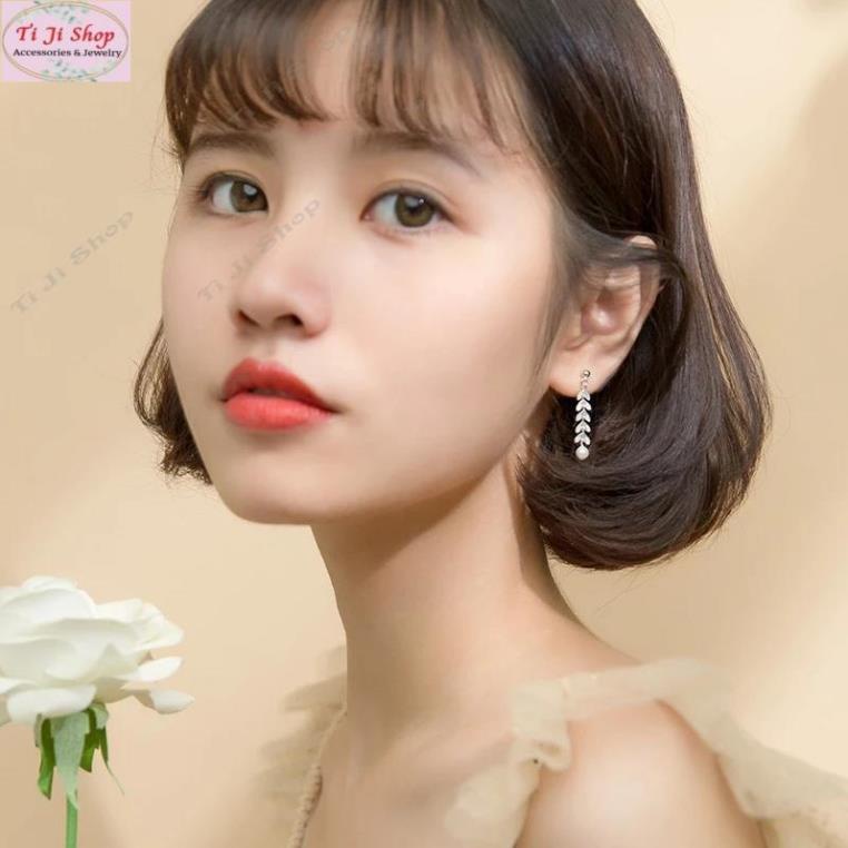 Bông tai nữ inox Hàn Quốc dáng dài sang trọng hình lá nguyệt quế  sang trọng không đen