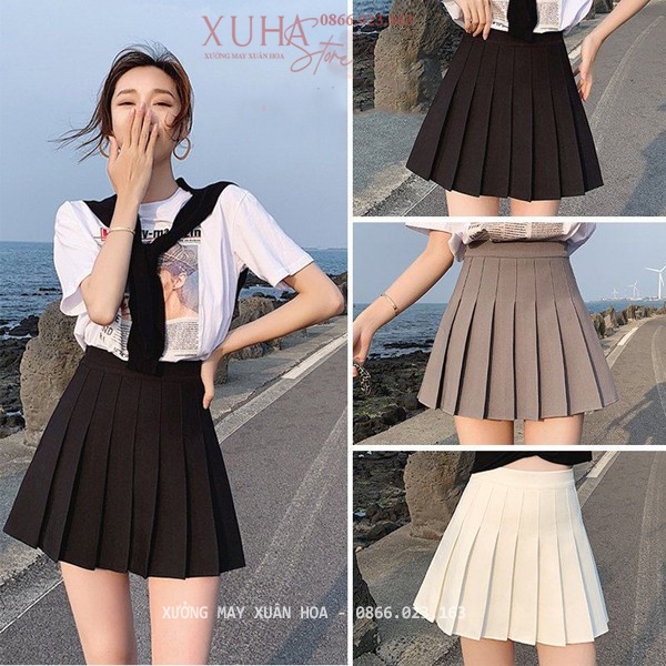 Chân váy tennis xếp ly ngắn xòe bản to có quần trong cạp lưng cao khóa sườn màu đen vải Vitex dày mềm công sở chơi biển