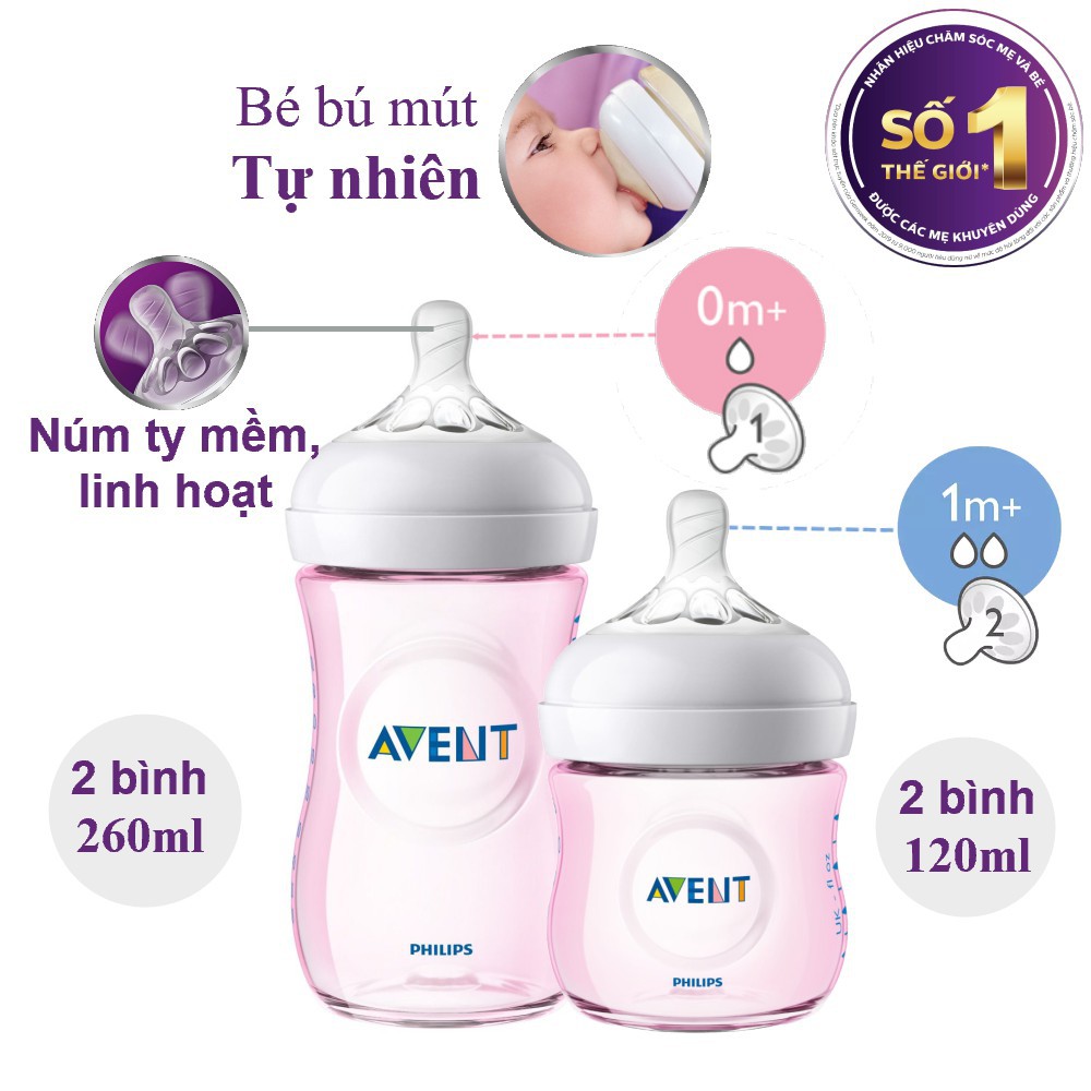 Bộ combo bình sữa 260ml, 125ml, ty ngậm, cọ rửa bình Philips Avent thiết kế tự nhiên SCD290
