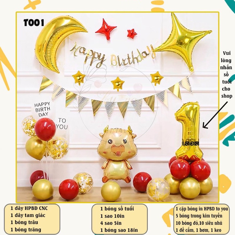 Set Bóng Trang Trí Sinh Nhật Bé - Mẫu Trâu Vàng - Bong Bóng Sinh Nhật