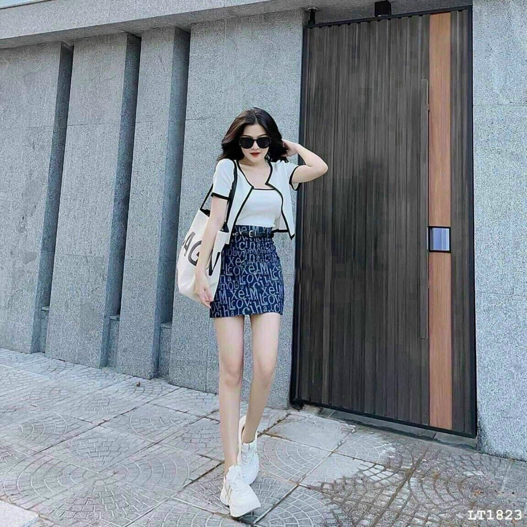 Sét 3 món nữ áo khoác, áo hai dây phối chân váy in hoạ tiết