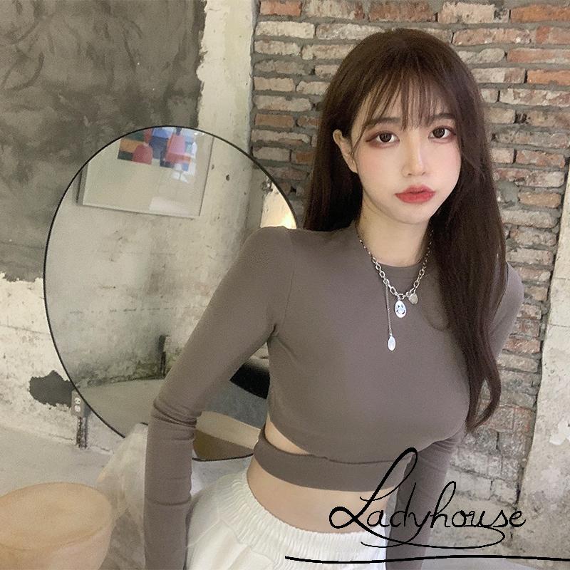 Áo Thun Crop Top Tay Dài Cổ Tròn Màu Trơn Khoét Eo Thời Trang Xuân Hè Cho Nữ