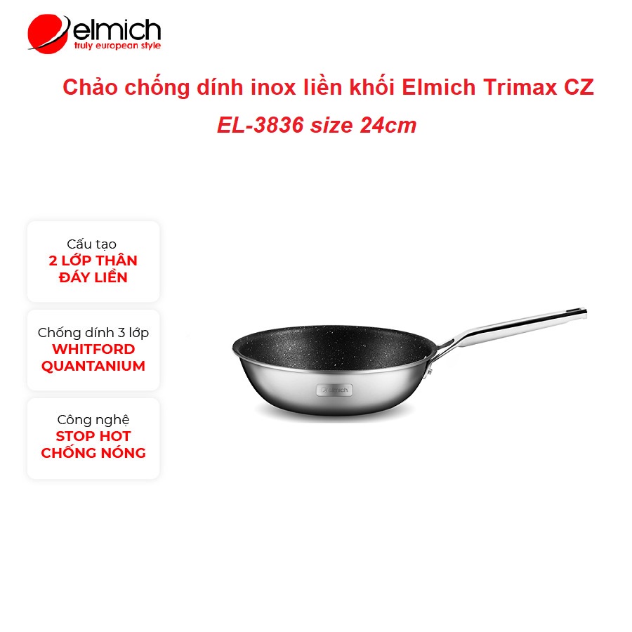 Chảo chống dính Inox 304 cao cấp liền khối Elmich Trimax Cz EL-3836 size 24cm