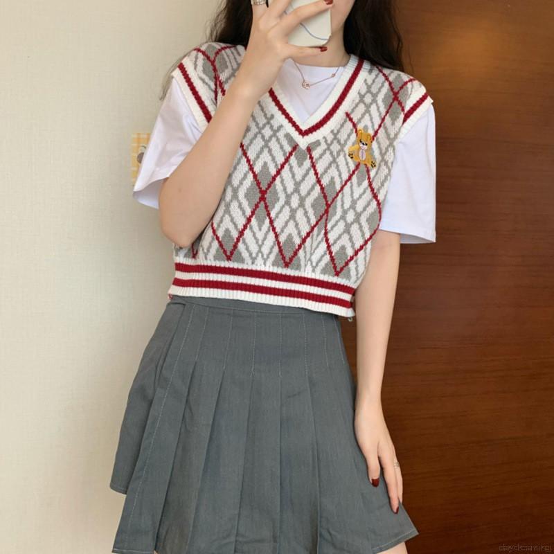 Áo dệt kim sát nách cổ chữ V phối màu sắc tương phản phong cách retro thời trang dành cho nữ