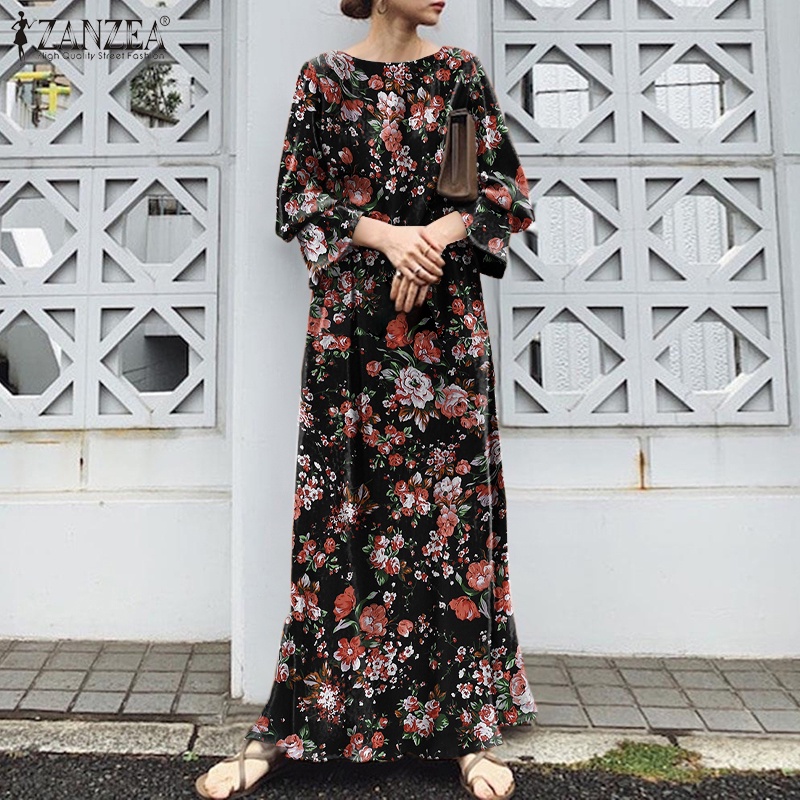 ZANZEA Đầm Dài Tay Cổ Tròn Xẻ Tà Họa Tiết Hoa Thanh Lịch Cho Nữ