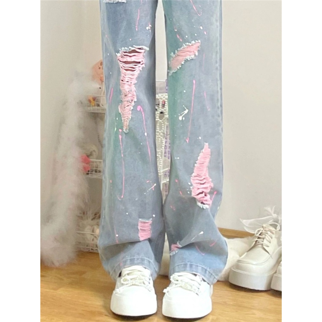 Quần Jeans Dài Lưng Cao Ống Rộng Thiết Kế Rách Thời Trang Mùa Hè 2022 Cho Nữ