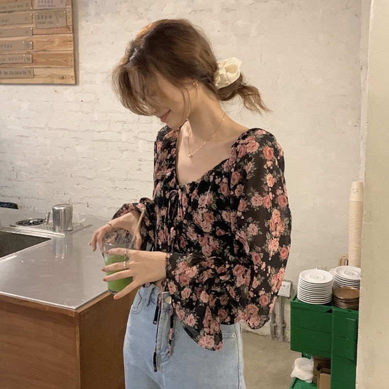 COZOK Áo Sơ Mi Chiffon Tay Dài Họa Tiết Hoa Thời Trang Cho Nữ