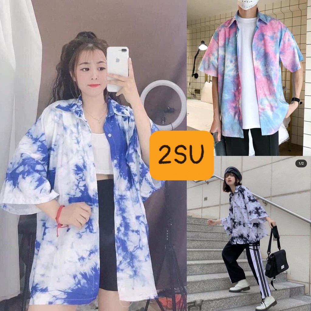 Áo sơ mi cộc tay loang 3D unisex 4 màu cá tính form rộng ulzzang