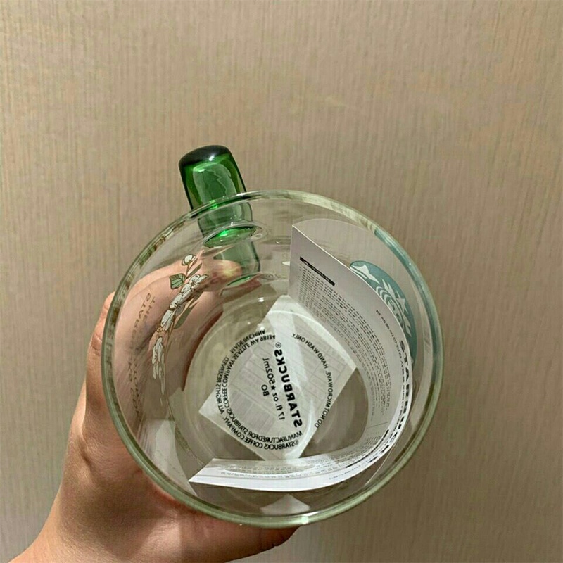 Cốc thủy tinh Starbucks Cốc hoa lê 502ml Tay cầm màu xanh lá cây Dung tích lớn Ly cà phê Uống văn phòng Hộp quà sáng
