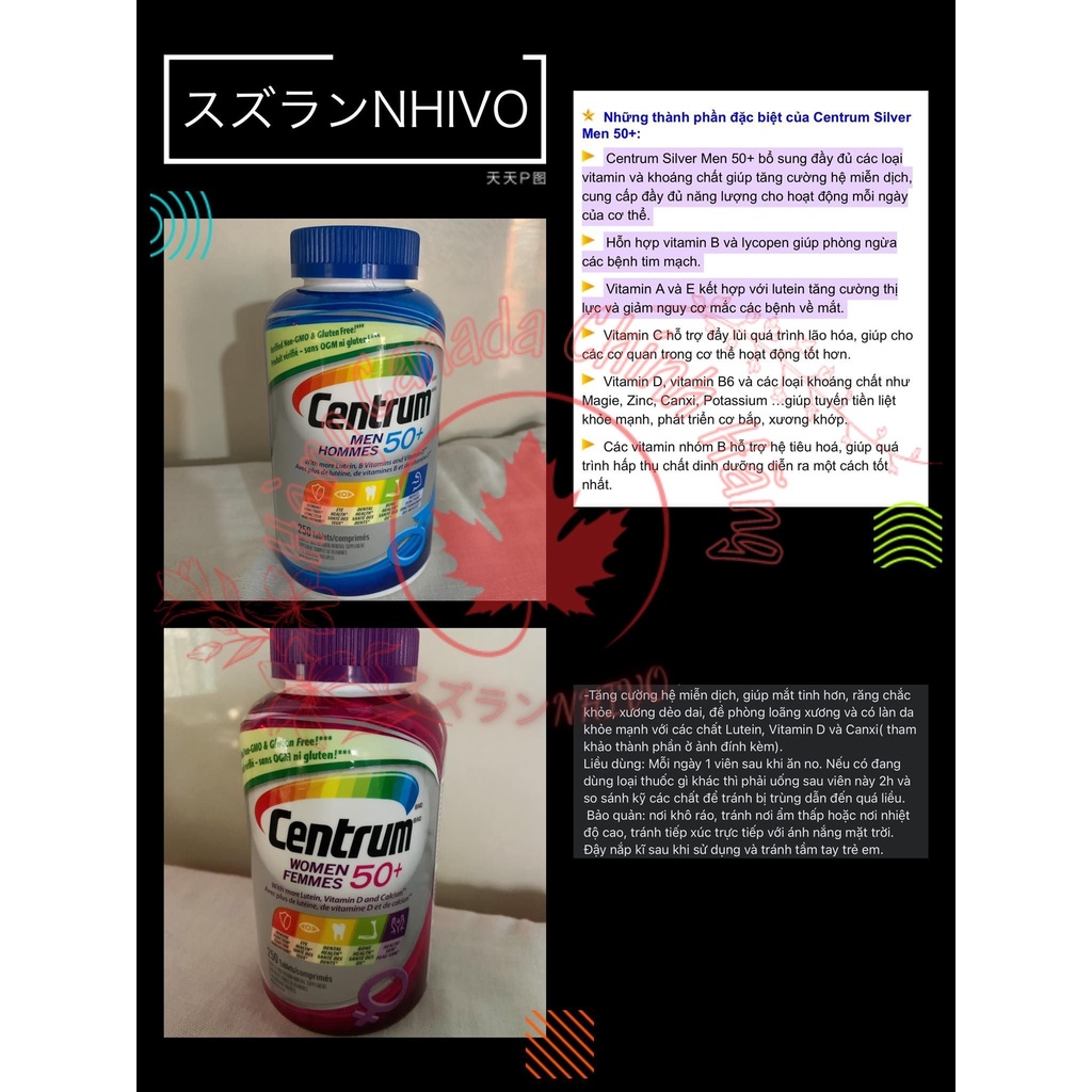 Vitamin Tổng Hợp Tăng Miễn Dịch Centrum Complete Multivitamin and Mineral Supplement for Men and Women 50+, 250 Viên