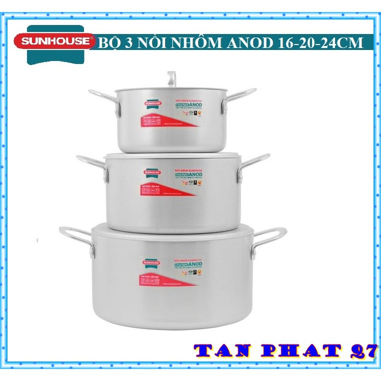 Bộ nồi nhôm ANOD Sunhouse 16/20/24/26 cm CÓ HÌNH THẬT