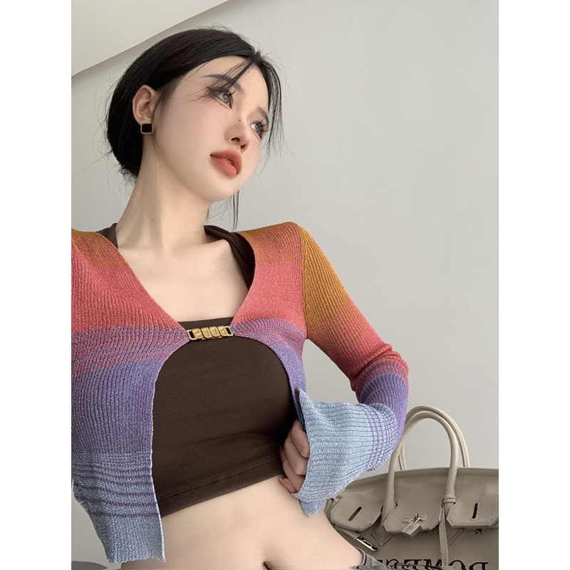 QADCOL Áo Khoác Cardigan Dệt Kim Tay Dài Dáng Ngắn Mỏng Nhẹ Họa Tiết Kẻ Sọc Thời Trang Mùa Hè Phong Cách Cổ Điển Cho Nữ