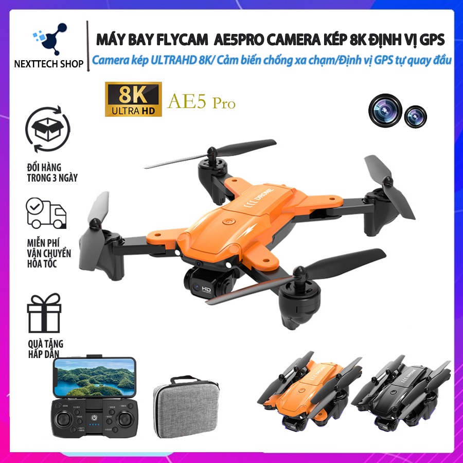 Máy Bay Flycam Camera Kép 8k AE5Pro, Cảm biến chống va chạm ,Định vị GPS chế độ camera xoay vòng, chống rung lắc