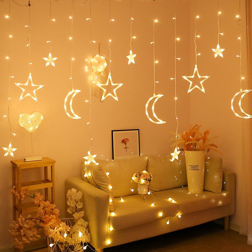 Đèn trang trí Noel, Giáng Sinh - Bộ 3 đèn trăng + 3 sao lớn + 6 sao nhỏ, màu vàng, có chớp  - có bọc nhựa chống nước