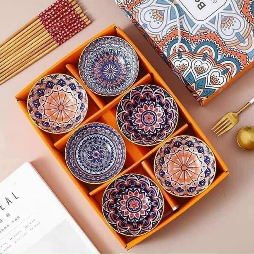 Bộ 6 chén kiểu hoa văn cao cấp và 6 đôi đũa kèm hộp làm quà tặng sang trọng - Tuấn Tú Office Store