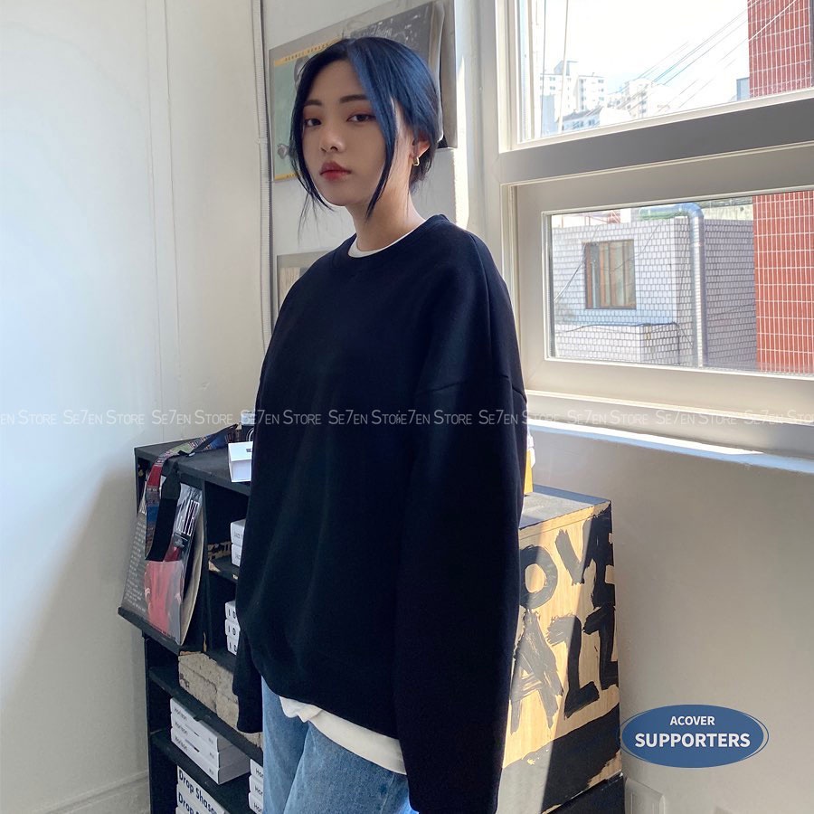 Áo Sweater trơn - Áo nỉ trơn  màu đen form rộng Hàn Quốc Unisex nam nữ mặc được