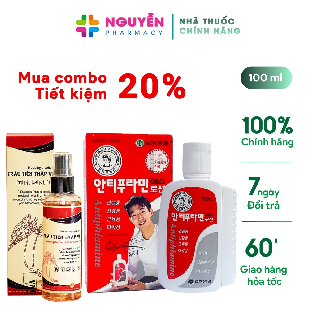 [CHÍNH HÃNG] Combo Dầu Nóng Xoa Bóp Antiphlamine Hàn Quốc 100ml Và Cồn Xoa Bóp Trầu Tiên Thập Vị